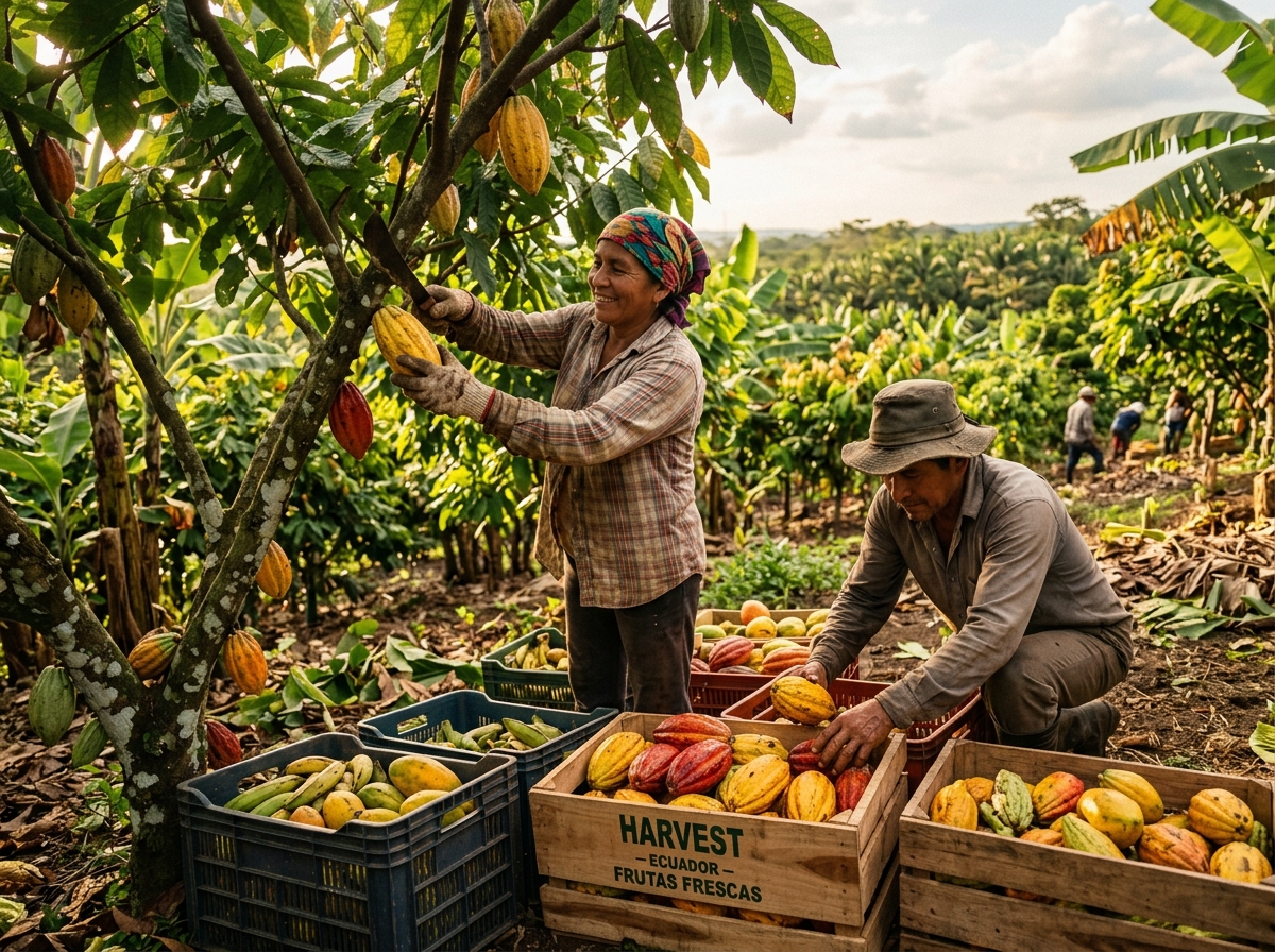 Cosecha de Cacao y Frutas en Campo Ecuador